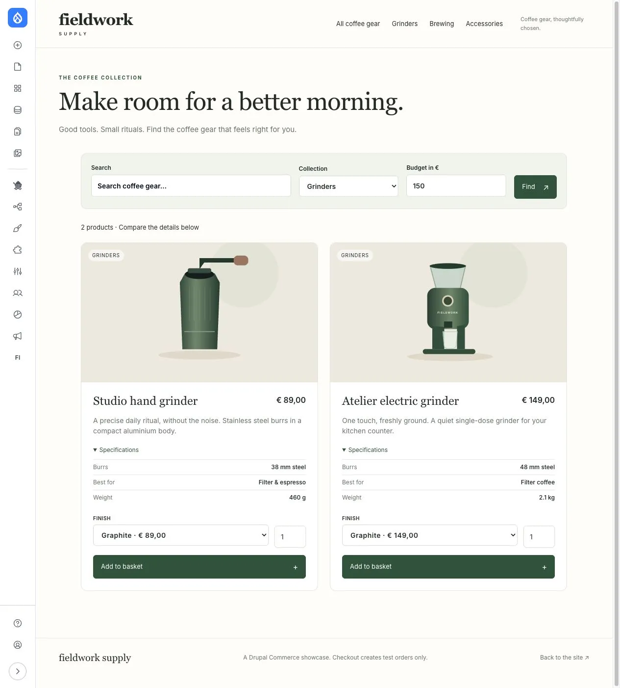 Normal Drupal page displaying the same two coffee grinders and expanded specifications under the €150 budget filter