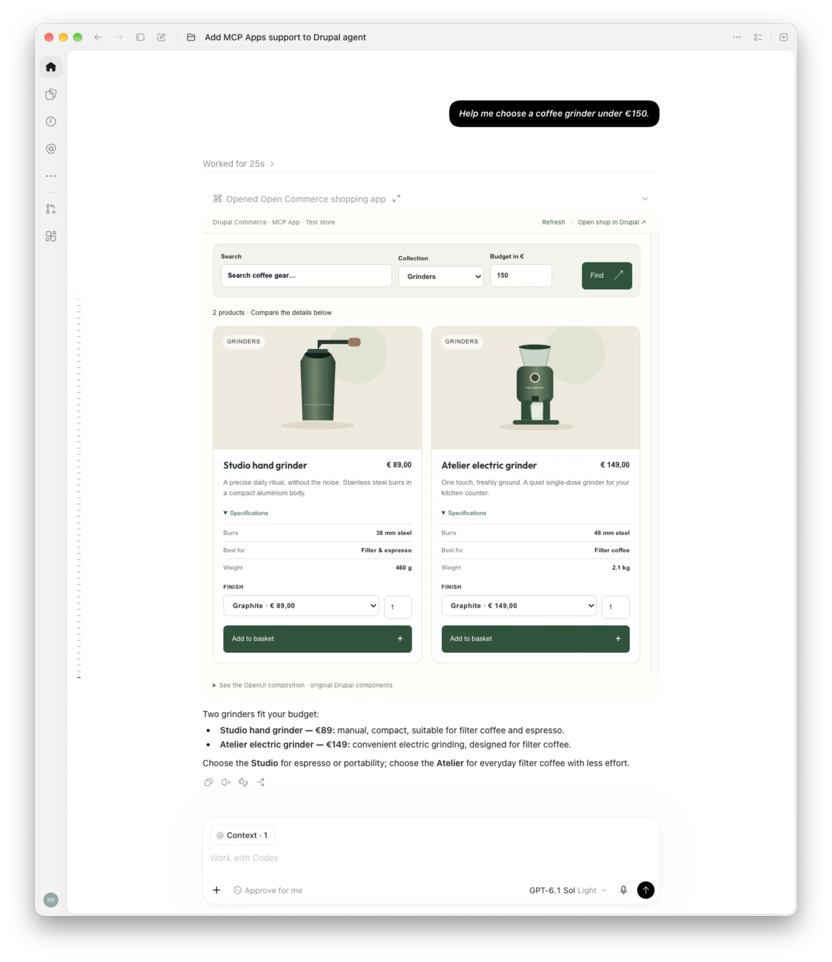 Codex conversation showing the Drupal Commerce MCP App with two grinders under €150, prices, specifications and finish selectors