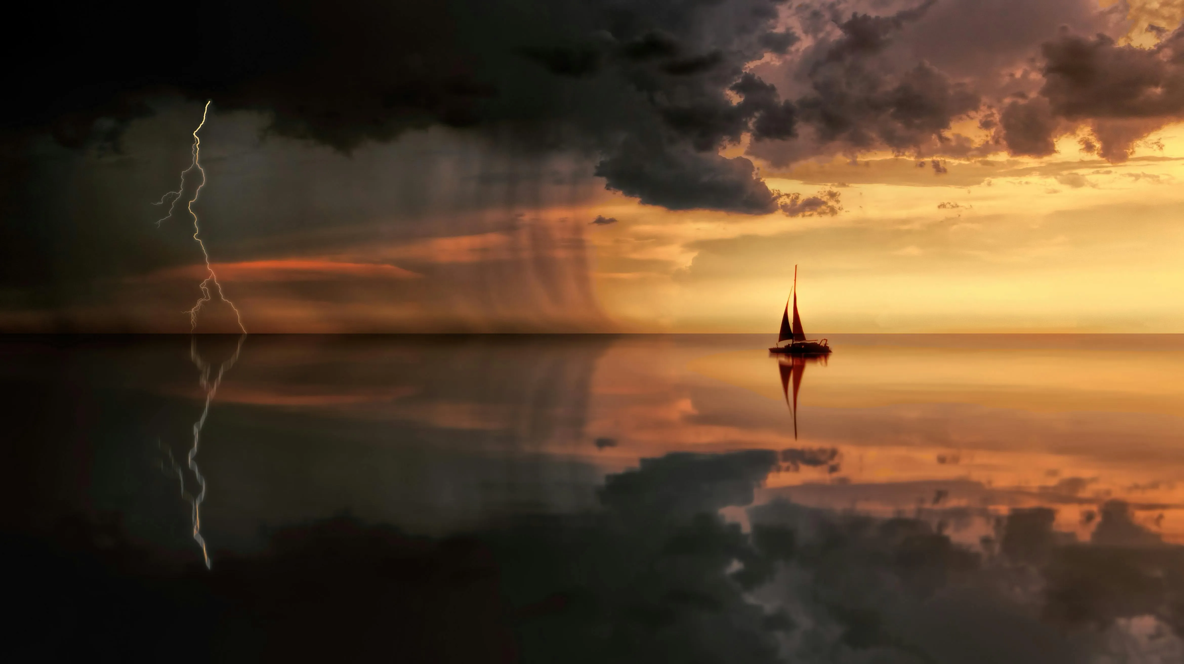 Silhouette of a small boat on water at sunset