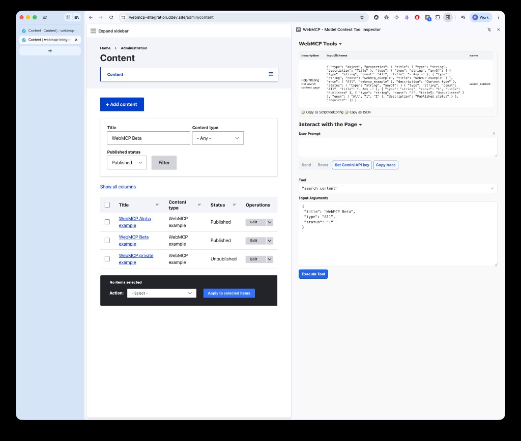 Content overview with the WebMCP Model Context Tool Inspector showing the search_content tool